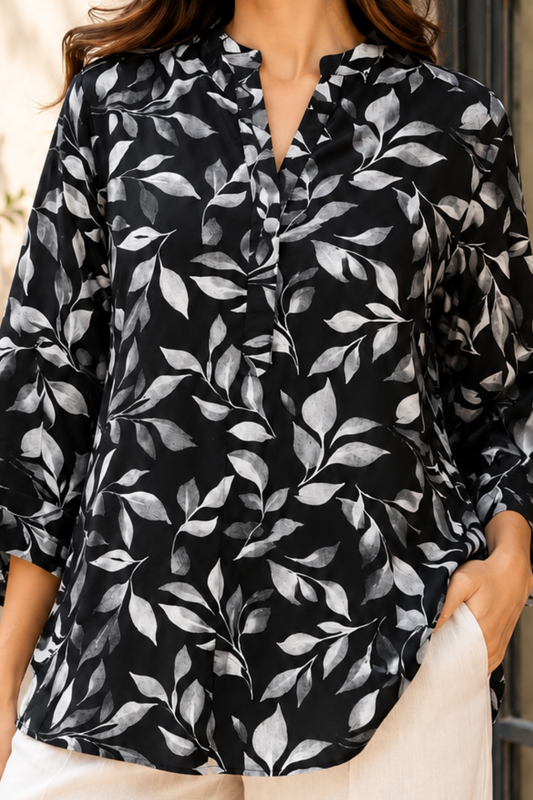 Black & White Leaf Print Women's Shirt in Viscose Rayon