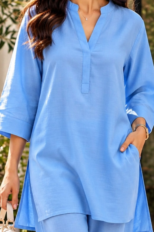 Blue Women's Viscose Linen Co-ord Set