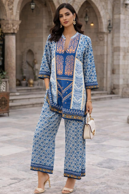 Blue & White Printed Women's Turkish Co-ord Set