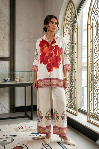 Cream & Red Floral Printed Women's Turkish Co-ord Set
