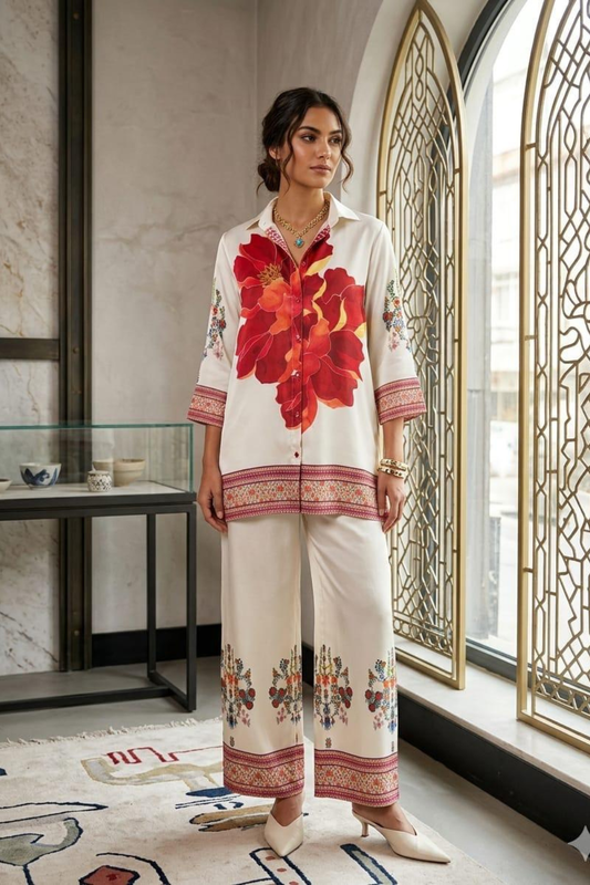 Cream & Red Floral Printed Women's Turkish Co-ord Set