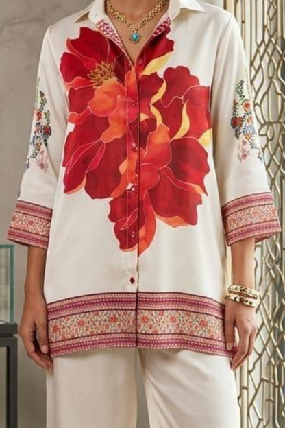 Cream & Red Floral Printed Women's Turkish Co-ord Set