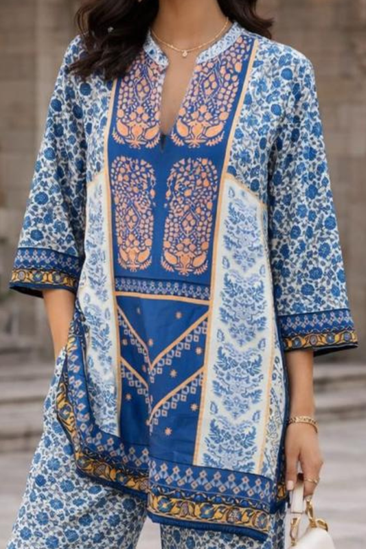 Blue & White Printed Women's Turkish Co-ord Set