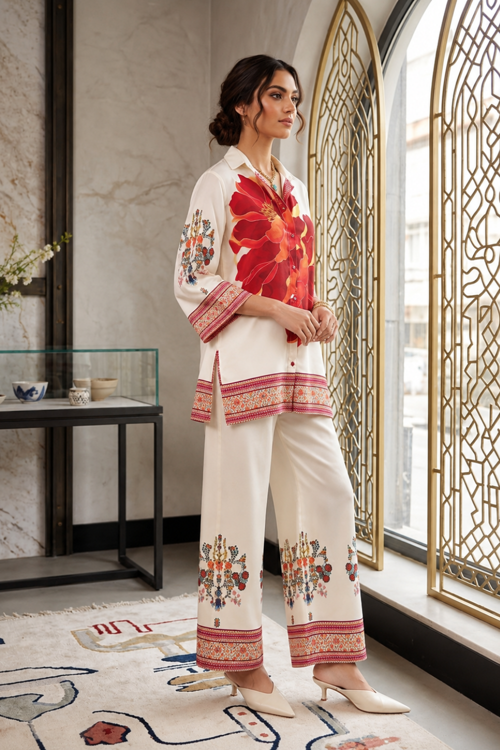 Cream & Red Floral Printed Women's Turkish Co-ord Set