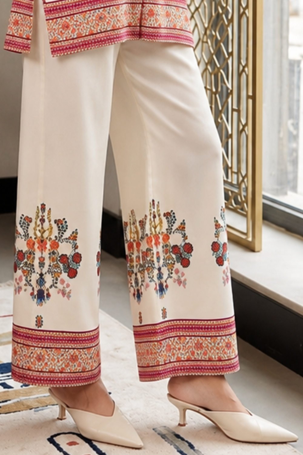 Cream & Red Floral Printed Women's Turkish Co-ord Set