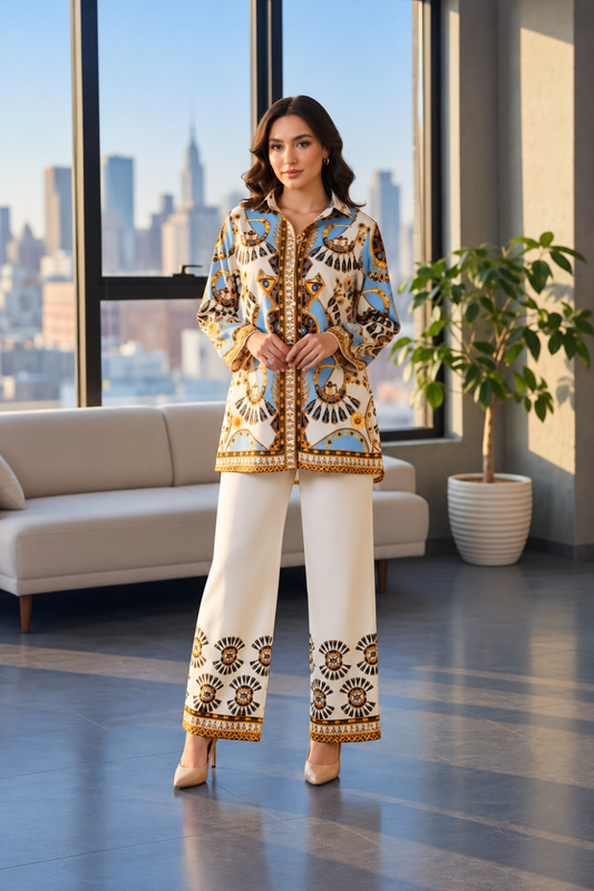 Cream & Blue Printed Women's Turkish Co-ord Set