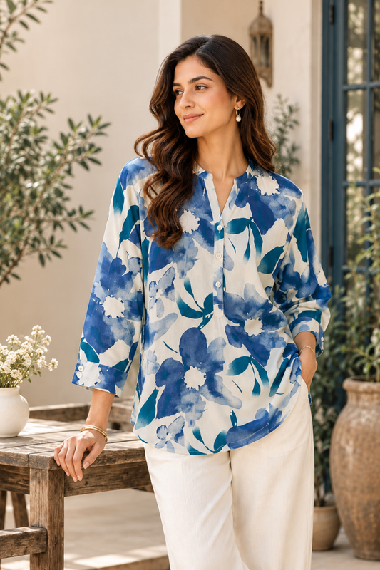 White & Blue Floral Printed Women's Shirt
