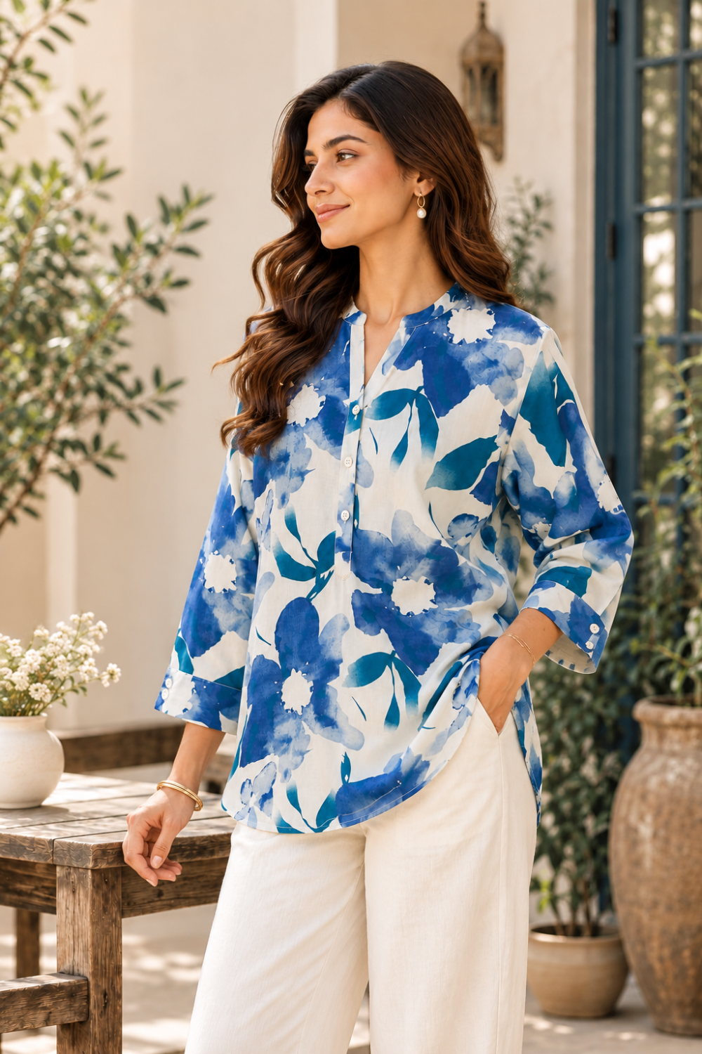 White & Blue Floral Printed Women's Shirt