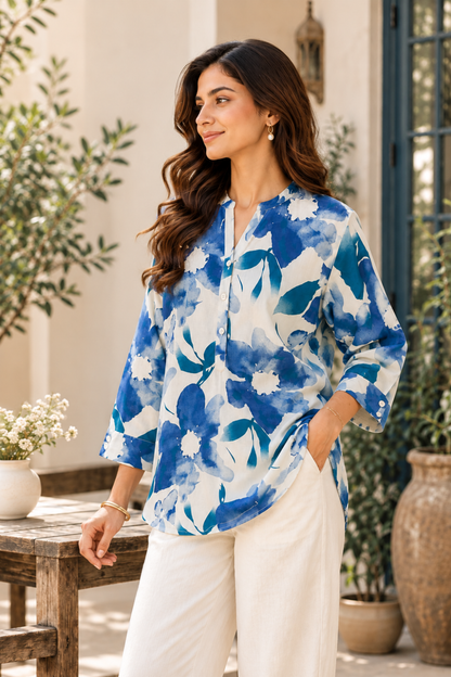 White & Blue Floral Printed Women's Shirt