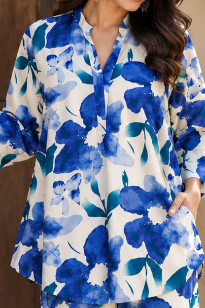 Blue Floral Printed Women's Rayon Co-ord Set