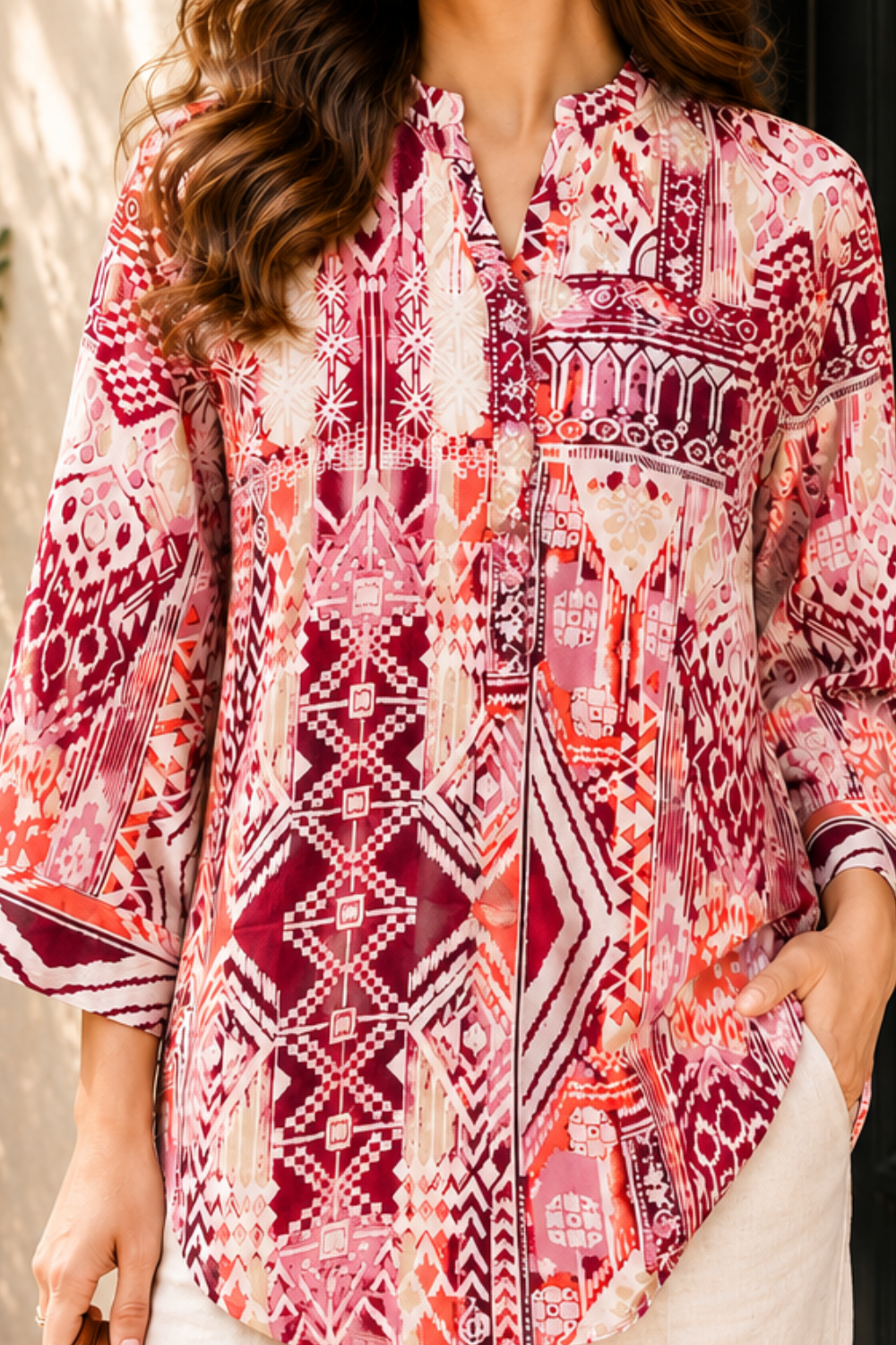 Red & White Geometric Printed Women's Shirt in Viscose Rayon