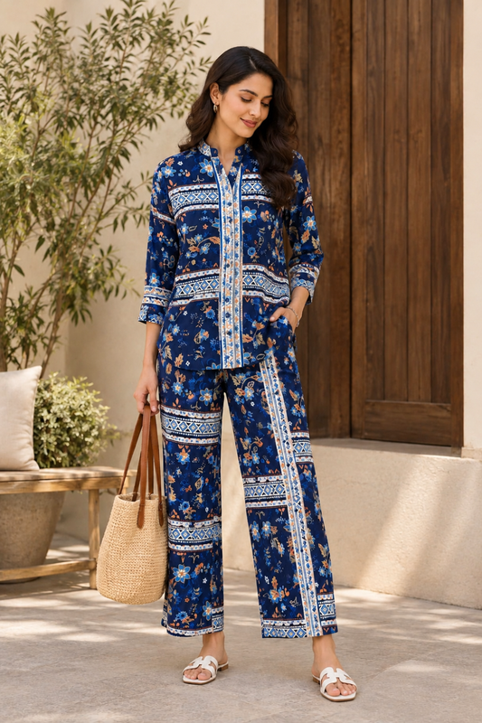 Navy Blue Printed Women's Rayon Co-ord Set