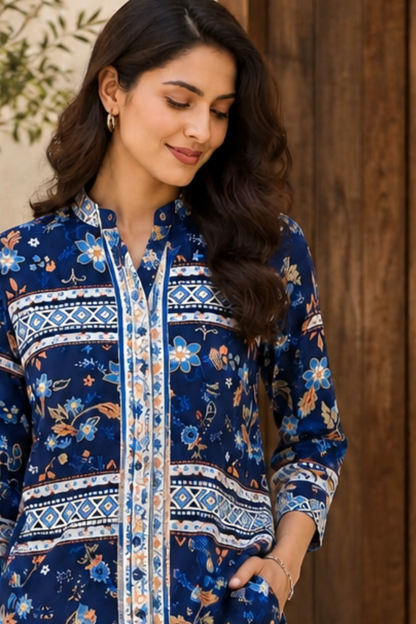Navy Blue Printed Women's Rayon Co-ord Set