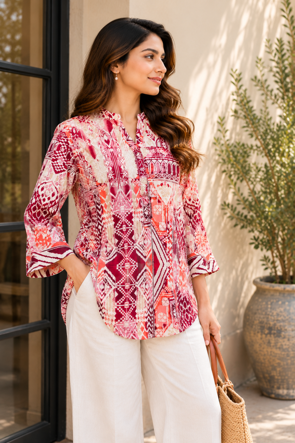 Red & White Geometric Printed Women's Shirt in Viscose Rayon