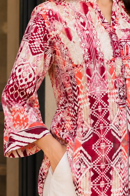 Red & White Geometric Printed Women's Shirt in Viscose Rayon