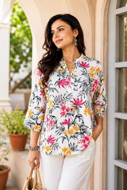 White Floral Printed Women's Shirt in Viscose Rayon