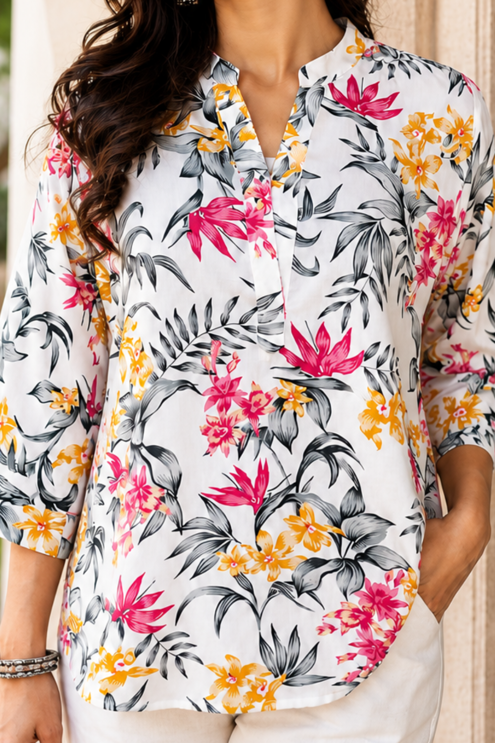 White Floral Printed Women's Shirt in Viscose Rayon