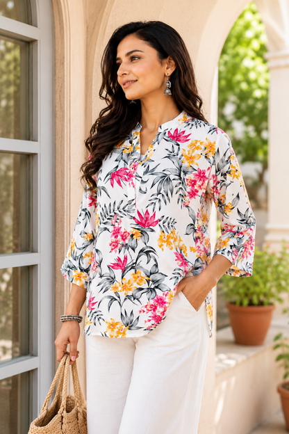 White Floral Printed Women's Shirt in Viscose Rayon