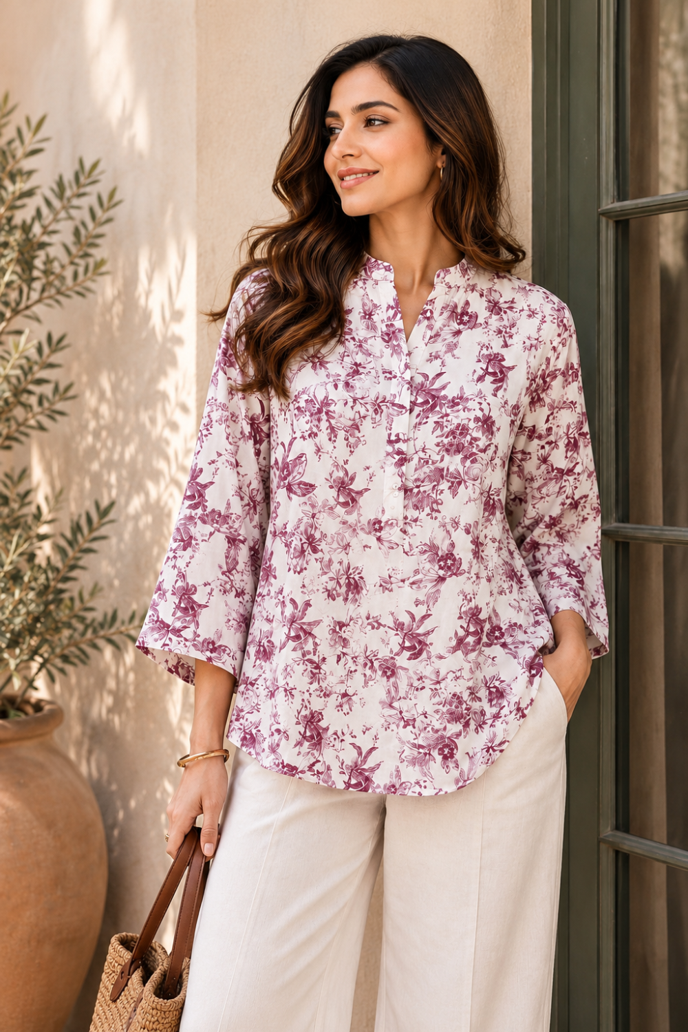 White & Mauve Floral Printed Women's Shirt
