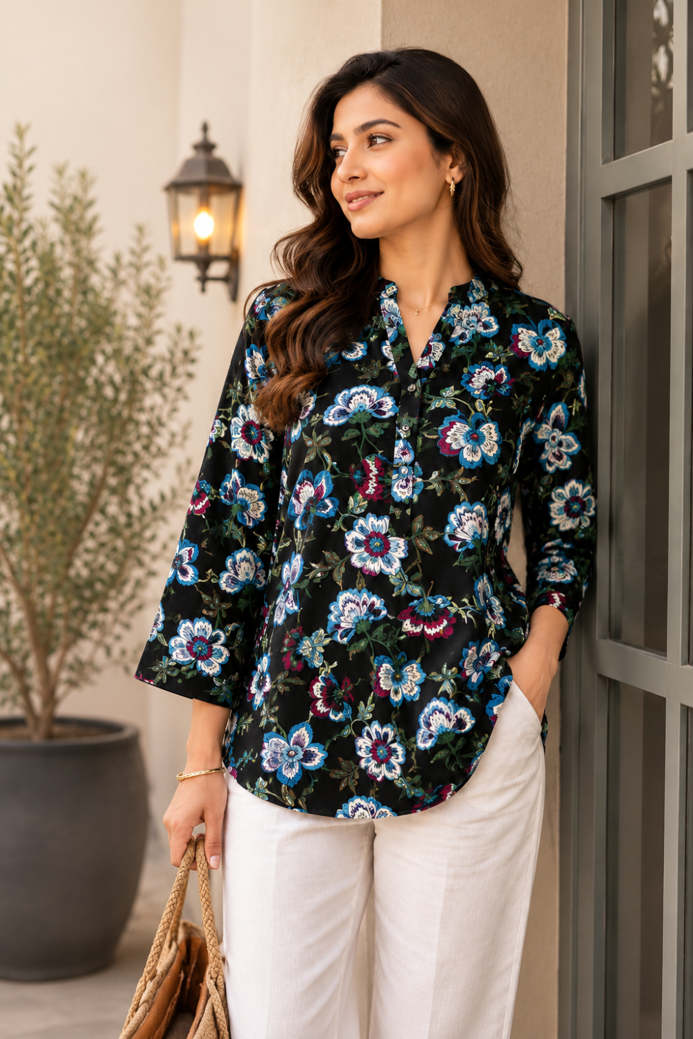 Black Floral Printed Women's Shirt in 100% Viscose Rayon
