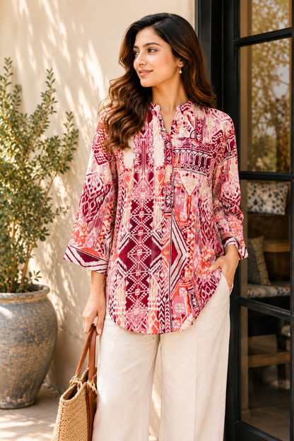 Red & White Geometric Printed Women's Shirt in Viscose Rayon