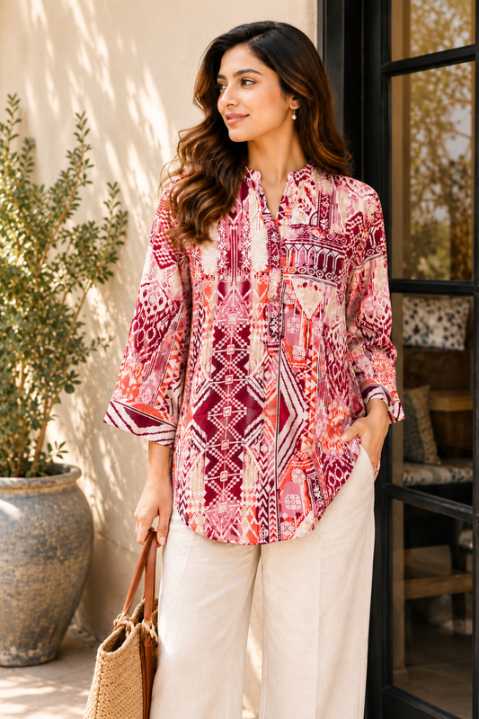 Red & White Geometric Printed Women's Shirt in Viscose Rayon