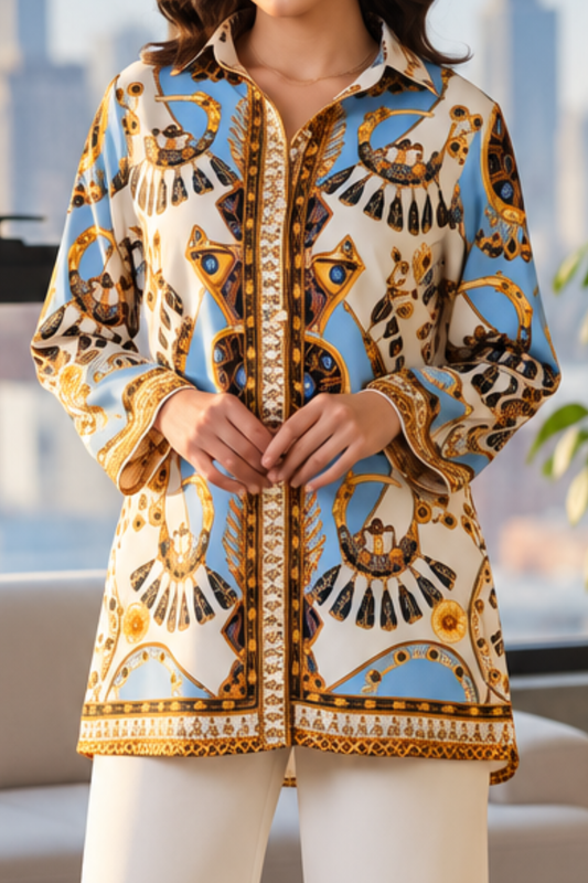 Cream & Blue Printed Women's Turkish Co-ord Set